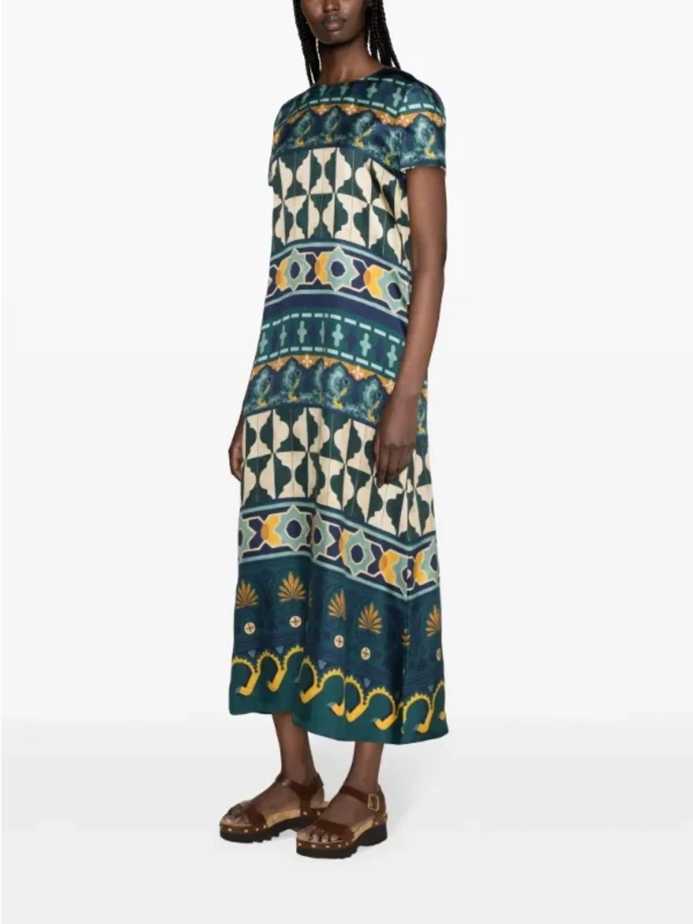 La DoubleJ Geometric Print Silk Swing Dress Small Green - Picture 11 of 11